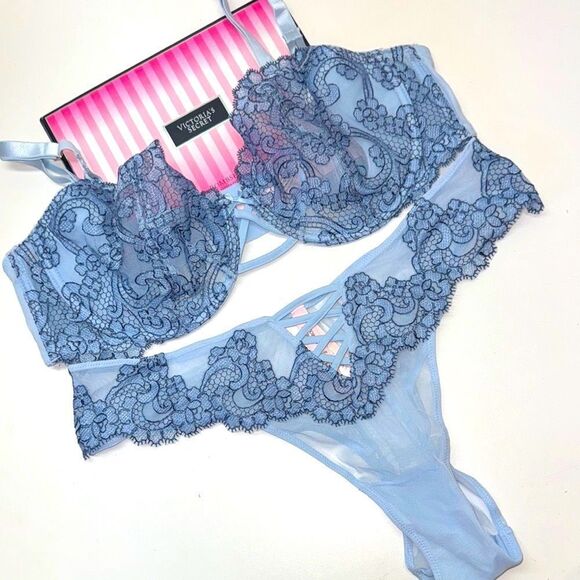 🔥Victoria's Secret Blue Lace Lingerie Set Sz 40C //XL New - Picture 1 of 10